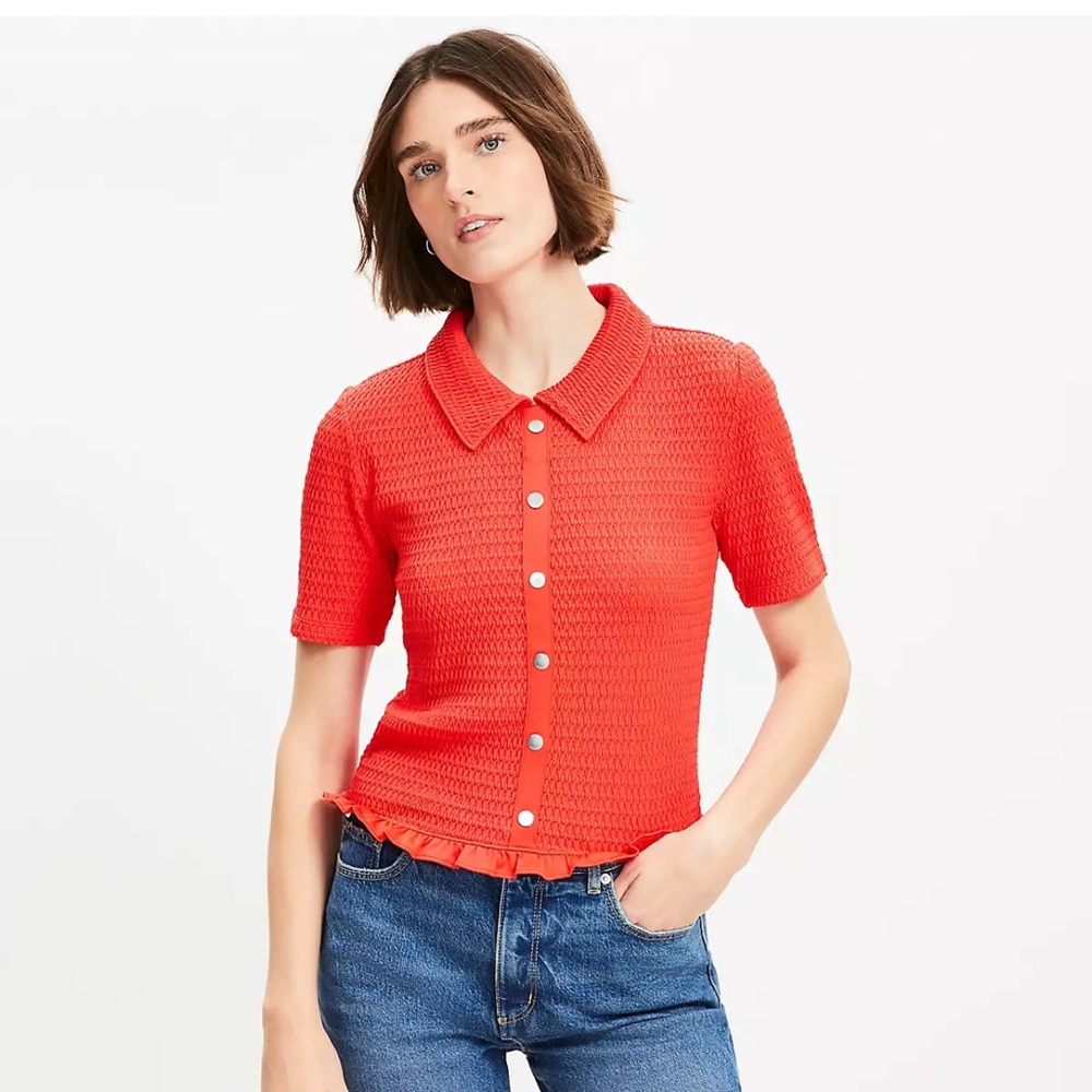 LOFT Red Orange Crop Button Down Polo Top